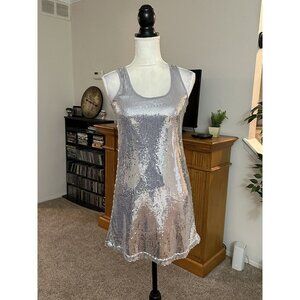 K L D Signature all over sequin dress silver shift short mini party cocktail M